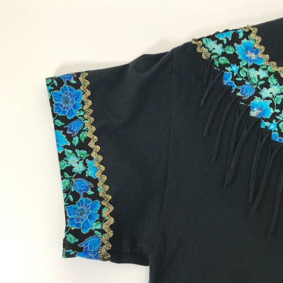 Vintage Hanes Floral Fringe Short Sleeve Tee Adult Size XL Black Embellished 90s - Picture 7 of 12